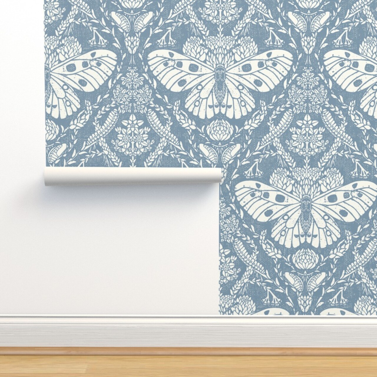 Blue Butterfly Botanical Succulents Modern Damask Floral Insect Moth Large Scale Bugs Custom Pre-pasted Wallpaper by Spoonflower Pre-Pasted Wallpaper 2FT Wide